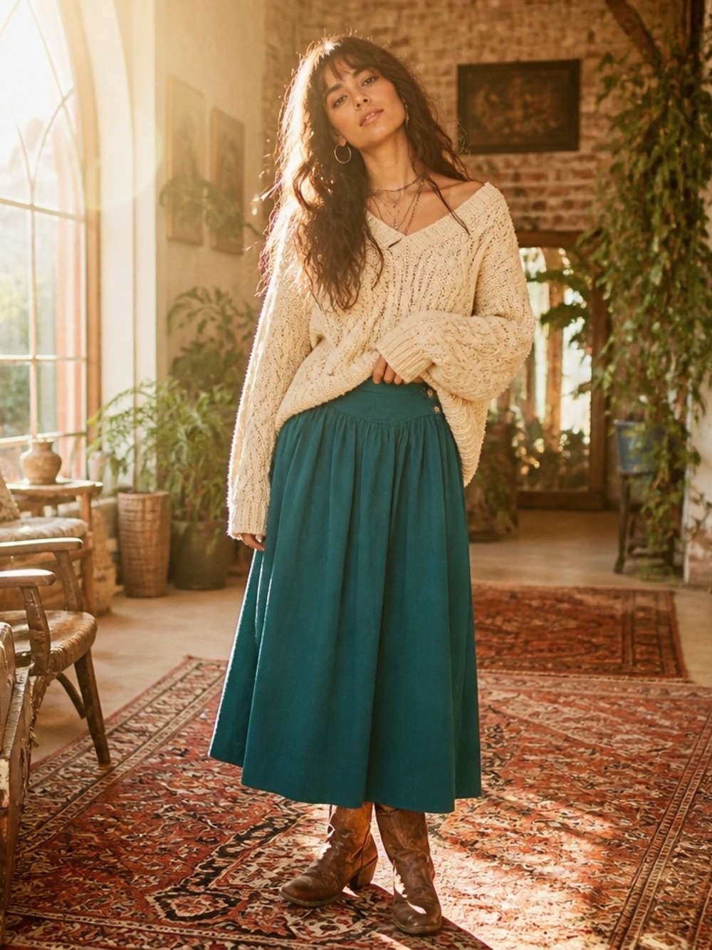 Chaus Teal Gathered-Waist Midi Skirt